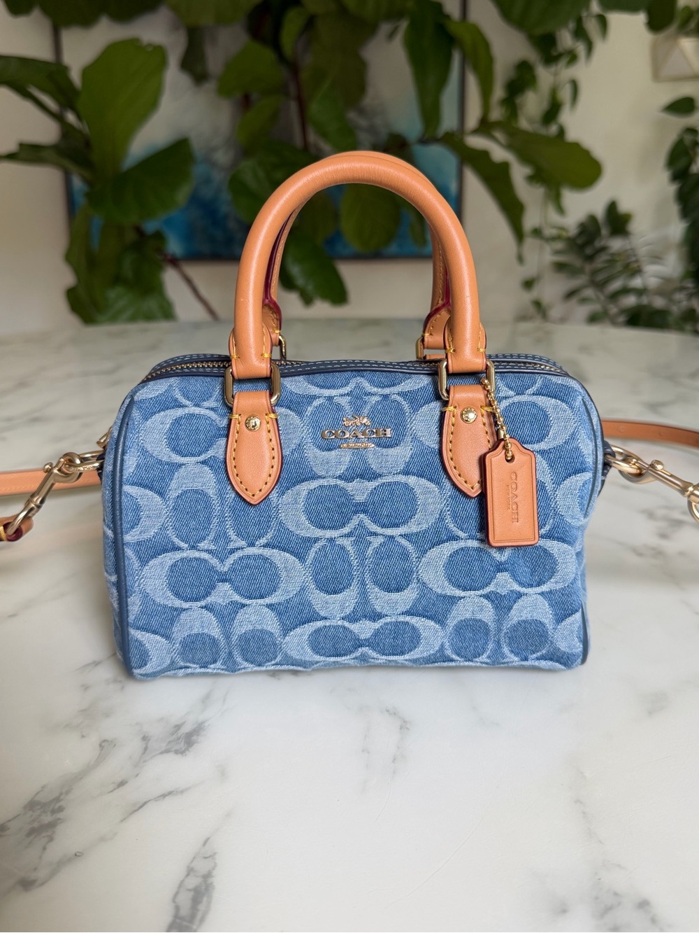 Coach Mini Rowan Crossbody Bag In Signature Denim CDQ36 Gold / Indigo Blue